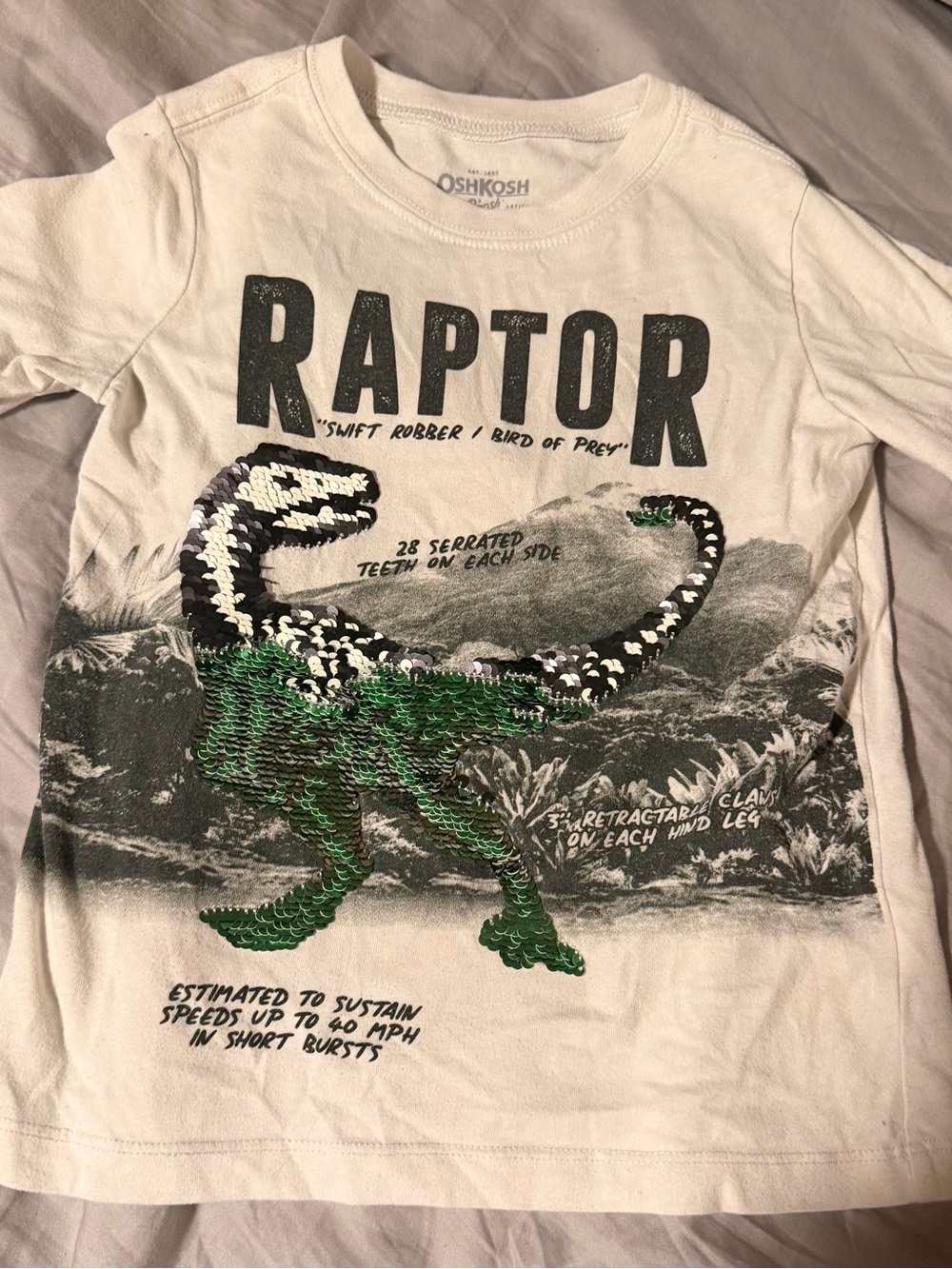 OshKosh B'gosh Cream Tee with Black Print and Green Sequin Raptor